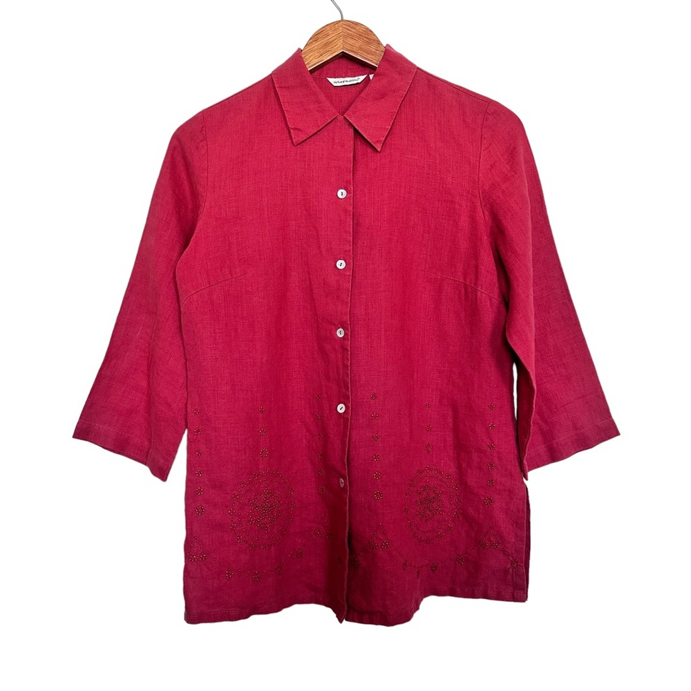 Richard Malcolm Women’s Sz S Embroidered Irish Linen Blouse 3/4 Sleeve